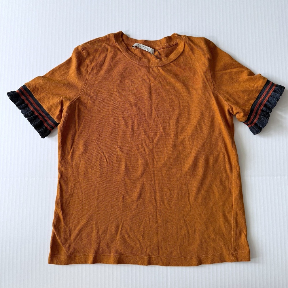 Zara Burnt Orange Ruffle Sleeve T-Shirt Womens Small Striped Trim Casual Top